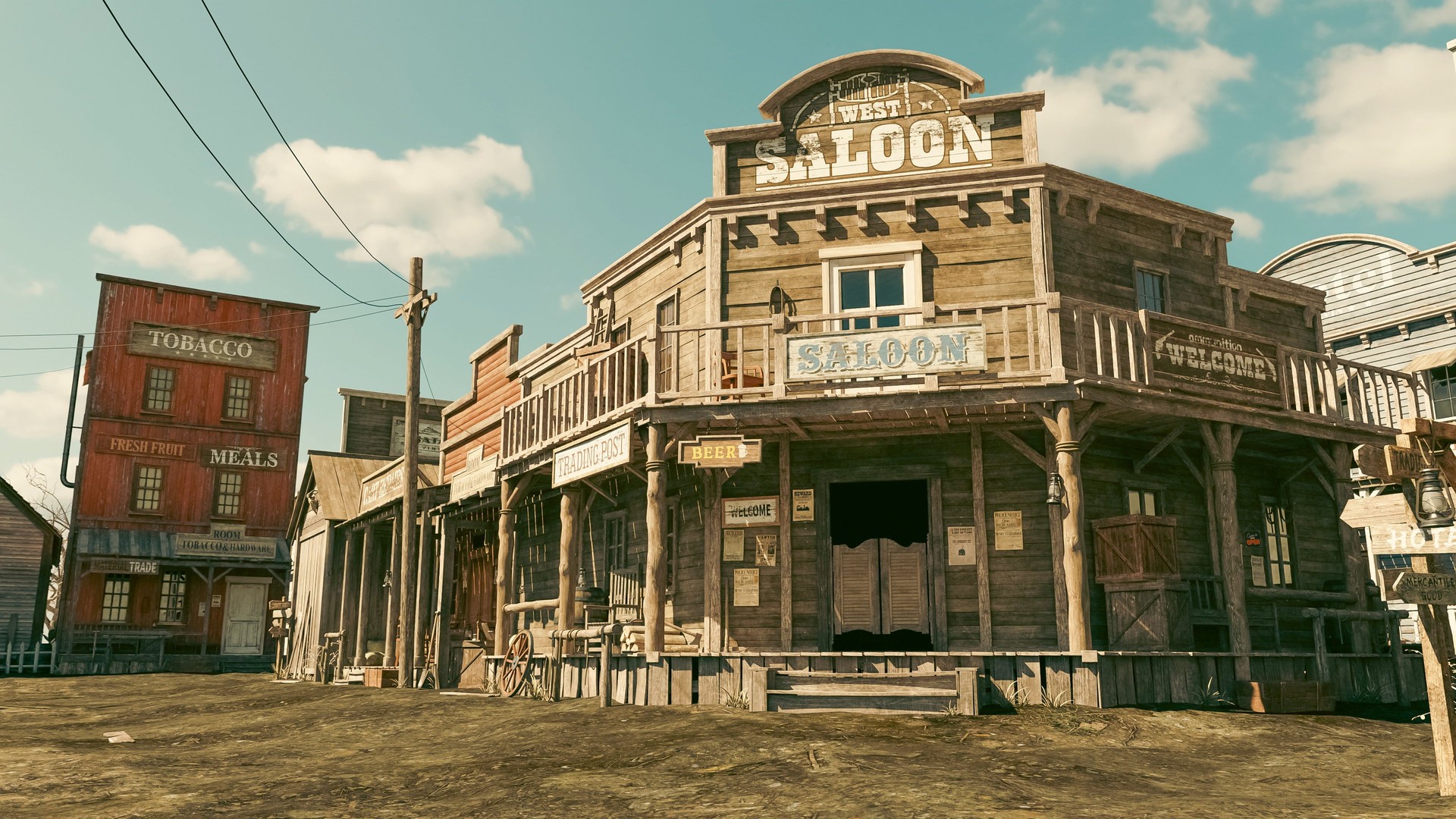 3D illustration rendering of an empty street in an old wild west town with wooden buildings.